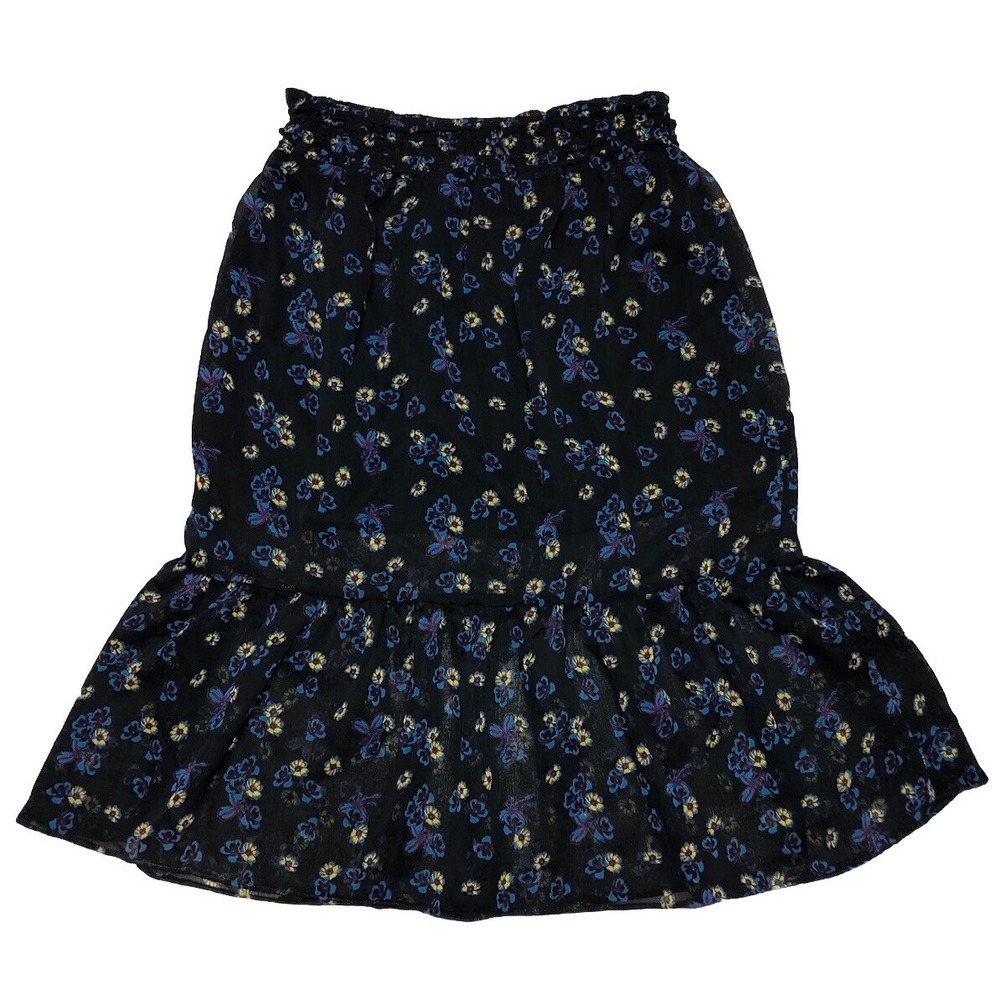 Xhilaration Skirt‎ M Black Floral Midi Elastic Waistband Tiered Hem